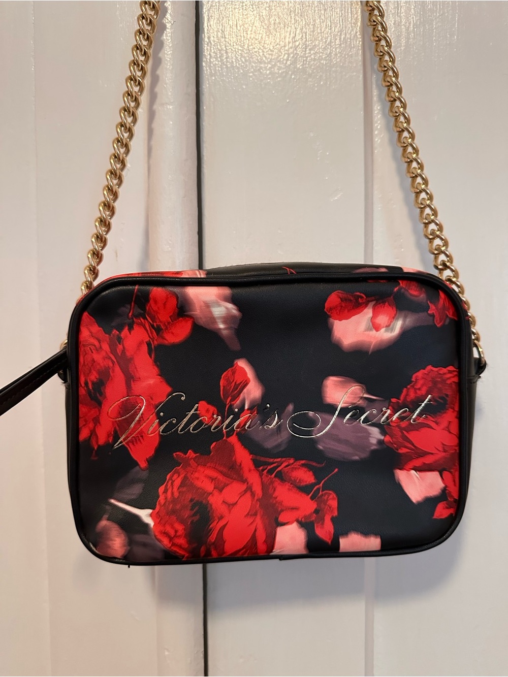 Victoria's Secret Black Crossbody with Red Floral Print and Gold Chain
